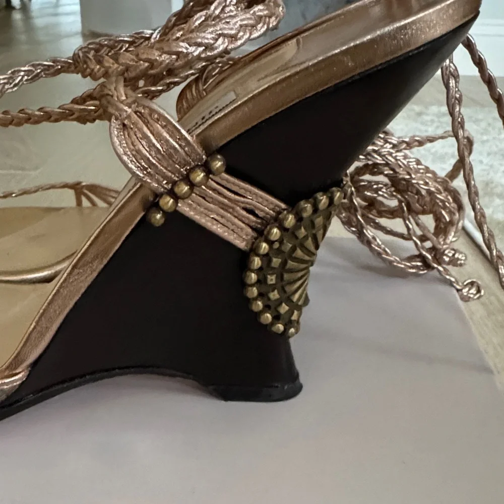 Jimmy Choo Metallic Rose Gold Braided-Strap Heeled Sandals - Picture 3 of 8